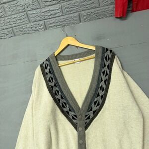 Vintage Holiday Mens Cream Geometric V-Neck Button Front Knit Cardigan Sweater S